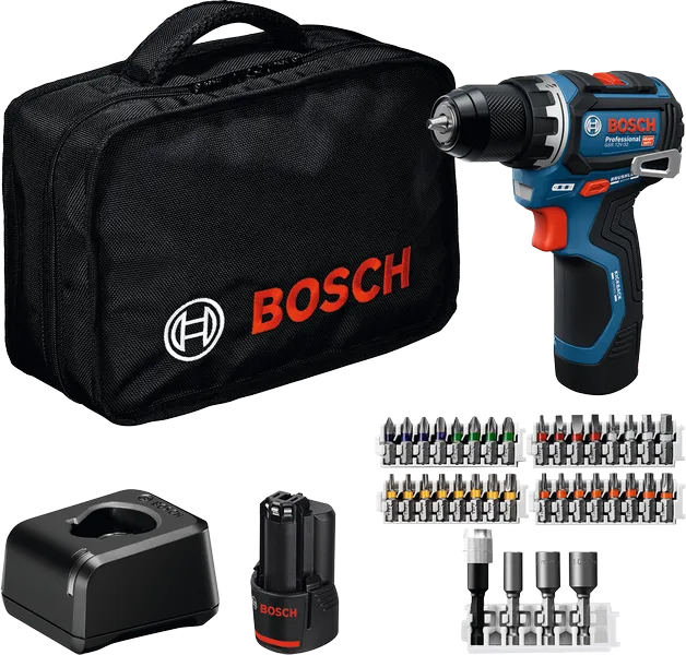 Bosch GSR 12V-32 boremaskinesæt med kuffert og tilbehør.
